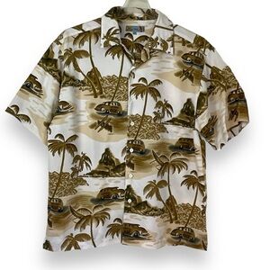 Aloha Joe Hawaiian Shirt Mens White Brown Tropical Casual Button Down Size Large